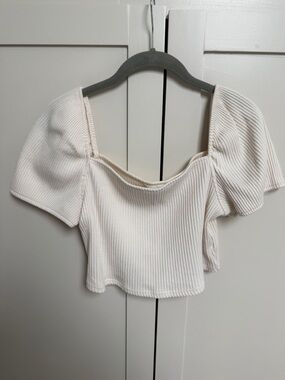 H&M Cream Ribbed Puff-Sleeve Crop Top